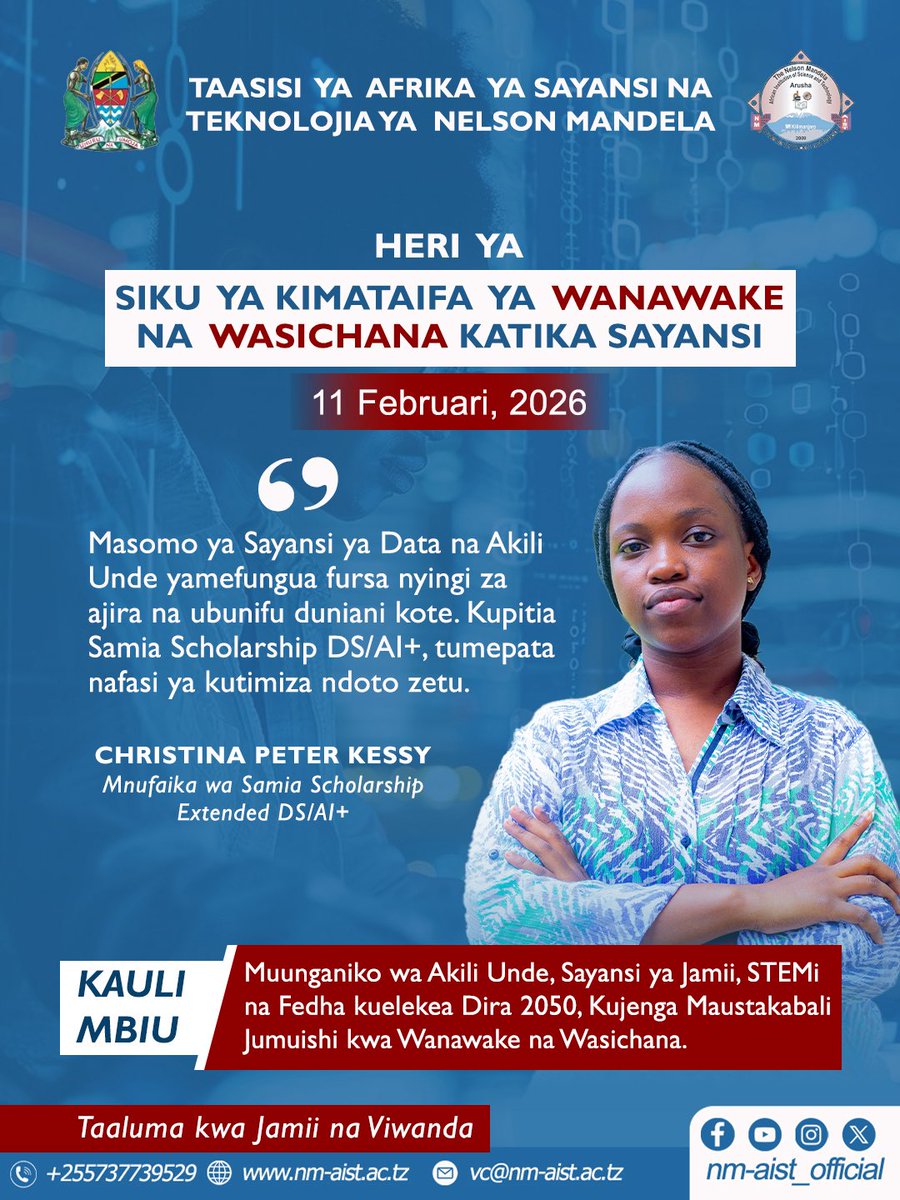 NM_AIST's tweet photo. Maadhimisho ya Siku ya Kimataifa ya Wanawake na Wasichana katika Sayansi.
#SamiaScholarshipExtended #DataScience #AI #AlliedSciences https://t.co/VB5gF8eRgE