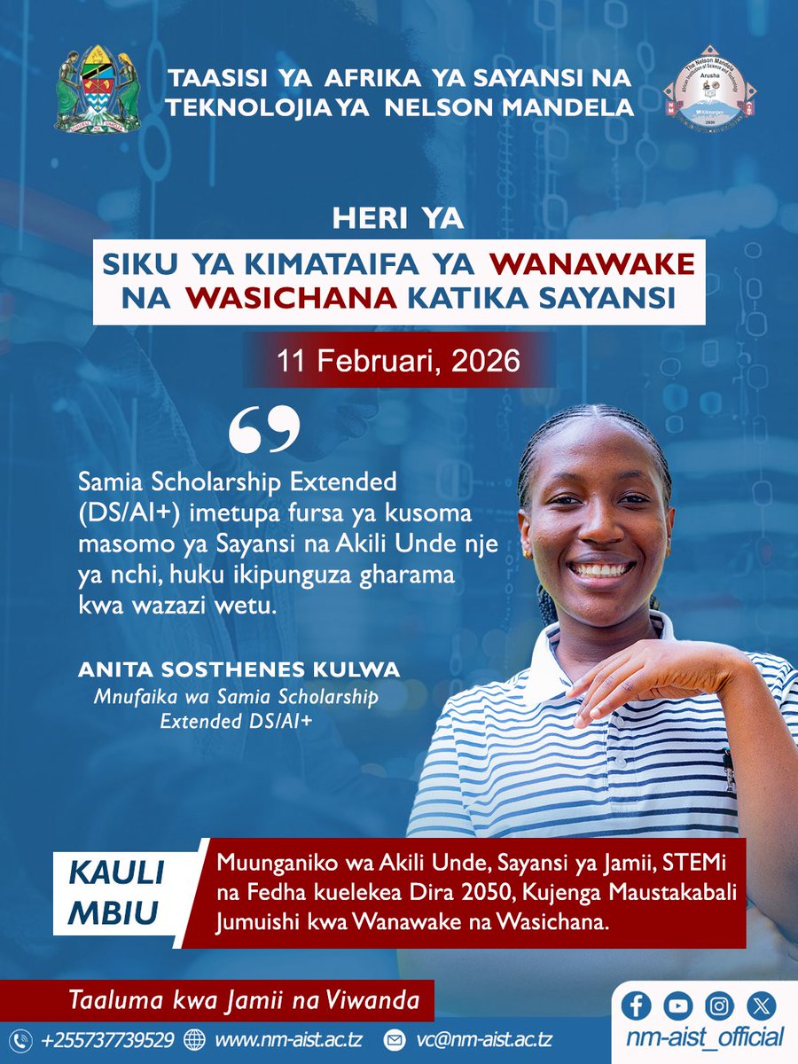NM_AIST's tweet photo. Maadhimisho ya Siku ya Kimataifa ya Wanawake na Wasichana katika Sayansi.
#SamiaScholarshipExtended #DataScience #AI #AlliedSciences https://t.co/VB5gF8eRgE
