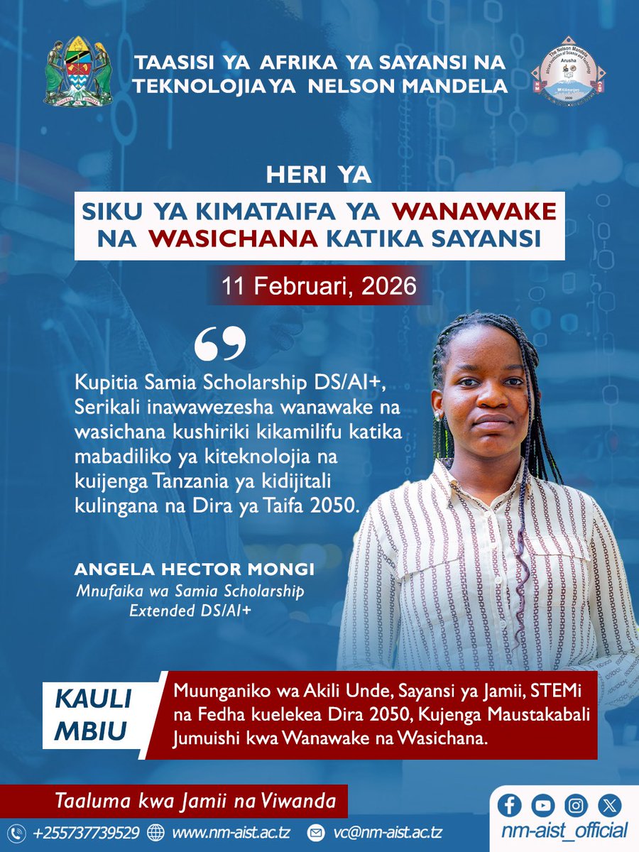 NM_AIST's tweet photo. Maadhimisho ya Siku ya Kimataifa ya Wanawake na Wasichana katika Sayansi.
#SamiaScholarshipExtended #DataScience #AI #AlliedSciences https://t.co/VB5gF8eRgE