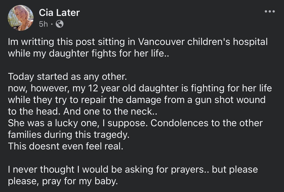 #REPORT: Prayers To This 12-YO Girl.

She Suffered A Gunshot Wound To The Head During The Tumbler Shooting. 

Currently In Vancouver Children’s Hospital Fighting For Her Life. 🙏