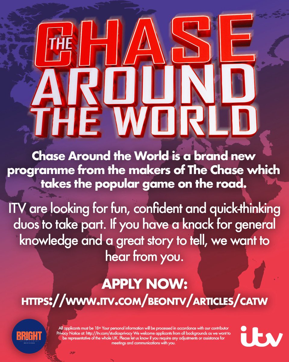 The Chase is going on the road and ITV are looking for fun, confident and quick-thinking duos to take part.

To be in with the chance of winning a huge cash prize-apply now!

#castingcall #nowcasting #applynow #ITVcasting #ITV #thechase