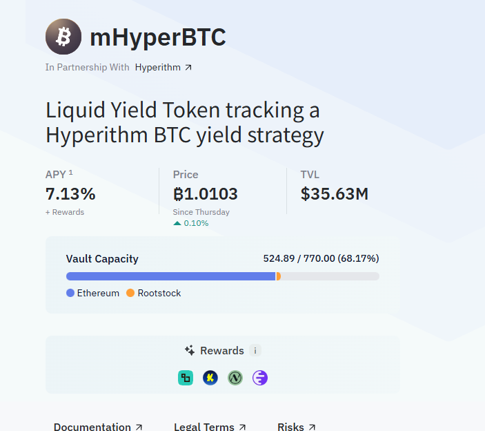 mHyperBTC 入れた結果、既に0.01BTC増えてた運がいい