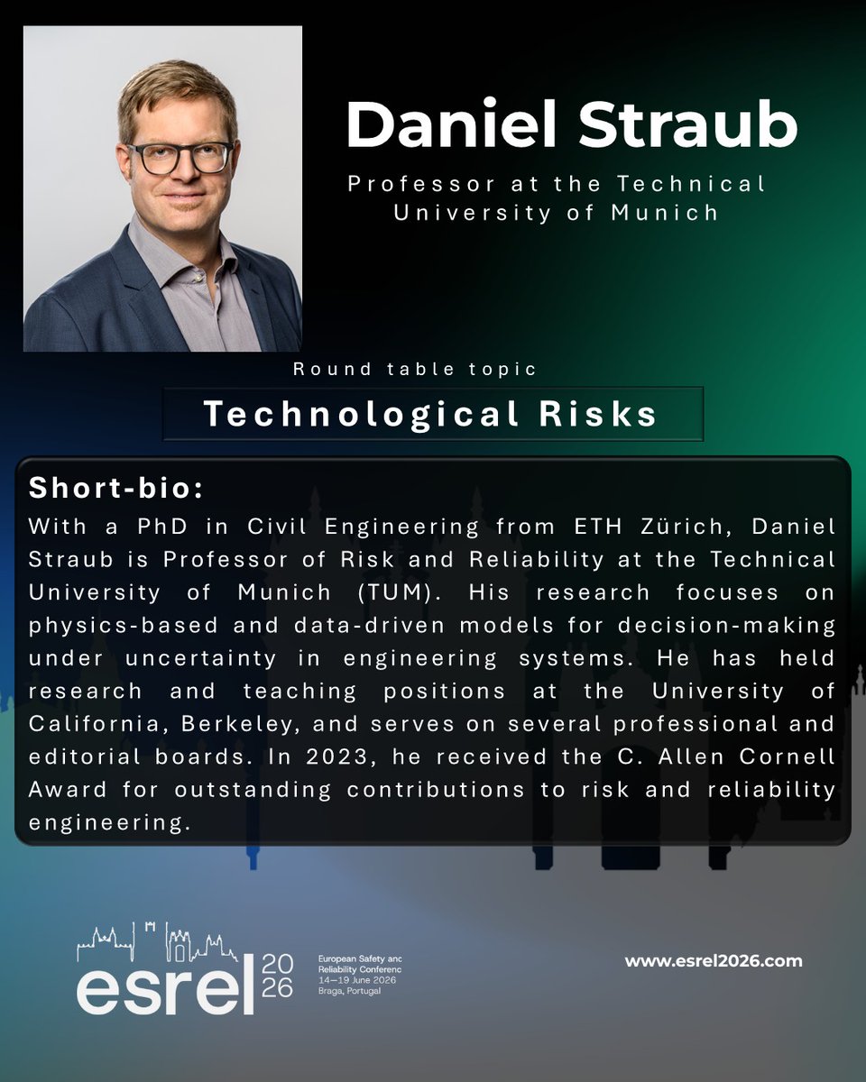 esrel_Braga's tweet photo. 📣 Meet ESREL 2026 invited speaker Professor Daniel Straub
He will join the round table “Technological Risks.”
More info 🔗 https://t.co/5HQFyZs6FR
Join us in Braga 🇵🇹 14–19 June 2026!
#ESREL2026 #RiskAnalysis #SafetyEngineering #TechnologicalRisk https://t.co/6WlkpVaEVj