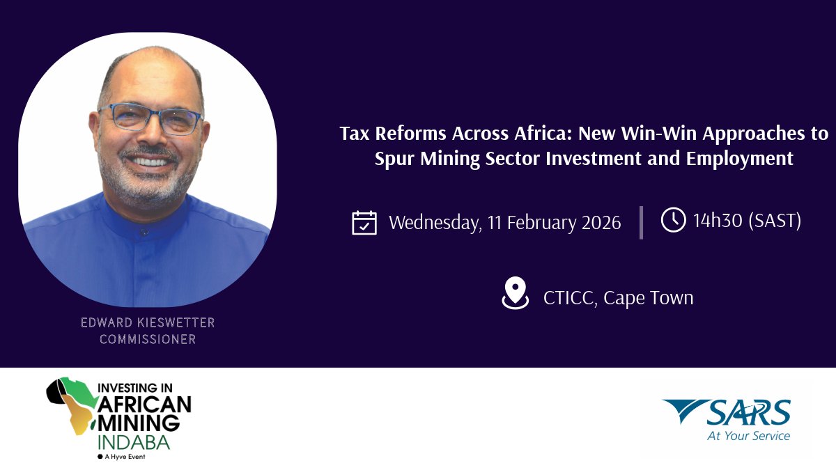 sarstax's tweet image. SARS Commissioner, Mr.  Edward Kieswetter, is at the Mining Indaba currently underway in Cape Town, joining a panel on “Tax Reforms Across Africa: New Win-Win Approaches to Spur Mining Sector Investment &amp;amp; Employment.” #MiningIndaba #TaxReform