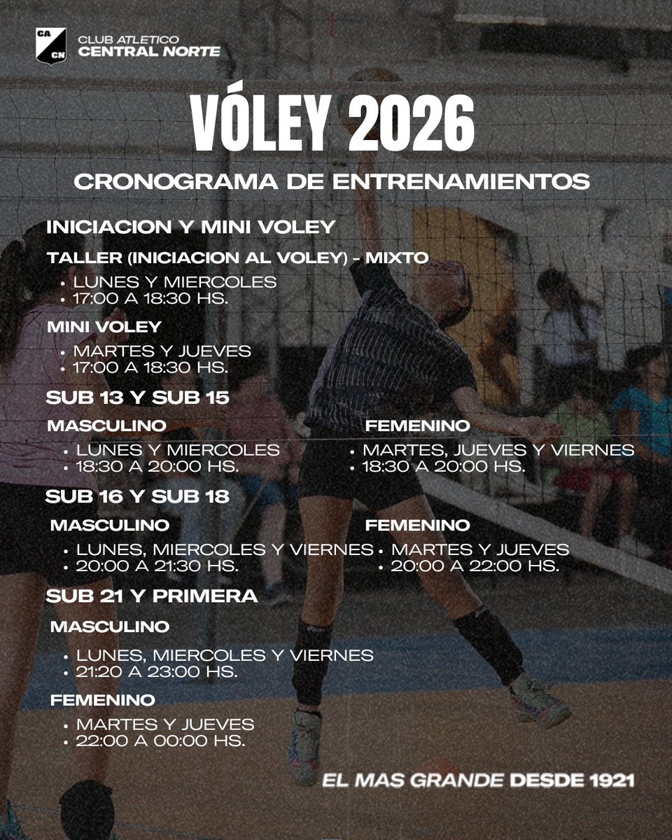 #Vóley 🏐
Masculino y femenino ya están en ritmo, metiendo intensidad, compromiso y muchas ganas en cada entrenamiento.
El club se mueve. Las categorías trabajan. La temporada ya se siente.
👉 Mirá los horarios para sumarte.

#VamosCentral ⚫️⚪️⚫