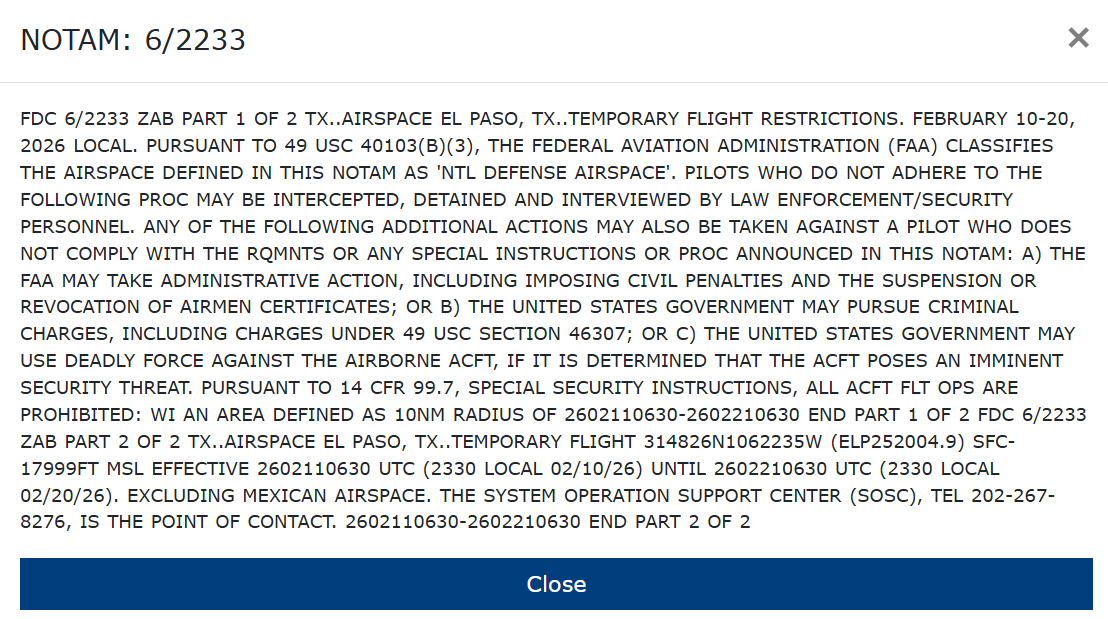 Y'all...This El Paso TFR is on the high-end of exceptional. 

A 10-day, no-exceptions TFR at a large regional airport? 

As a pilot, you see short TFRs all the time: POTUS/VIP movement, space launches, wildfires, military operations, etc. but those are generally a few hours.