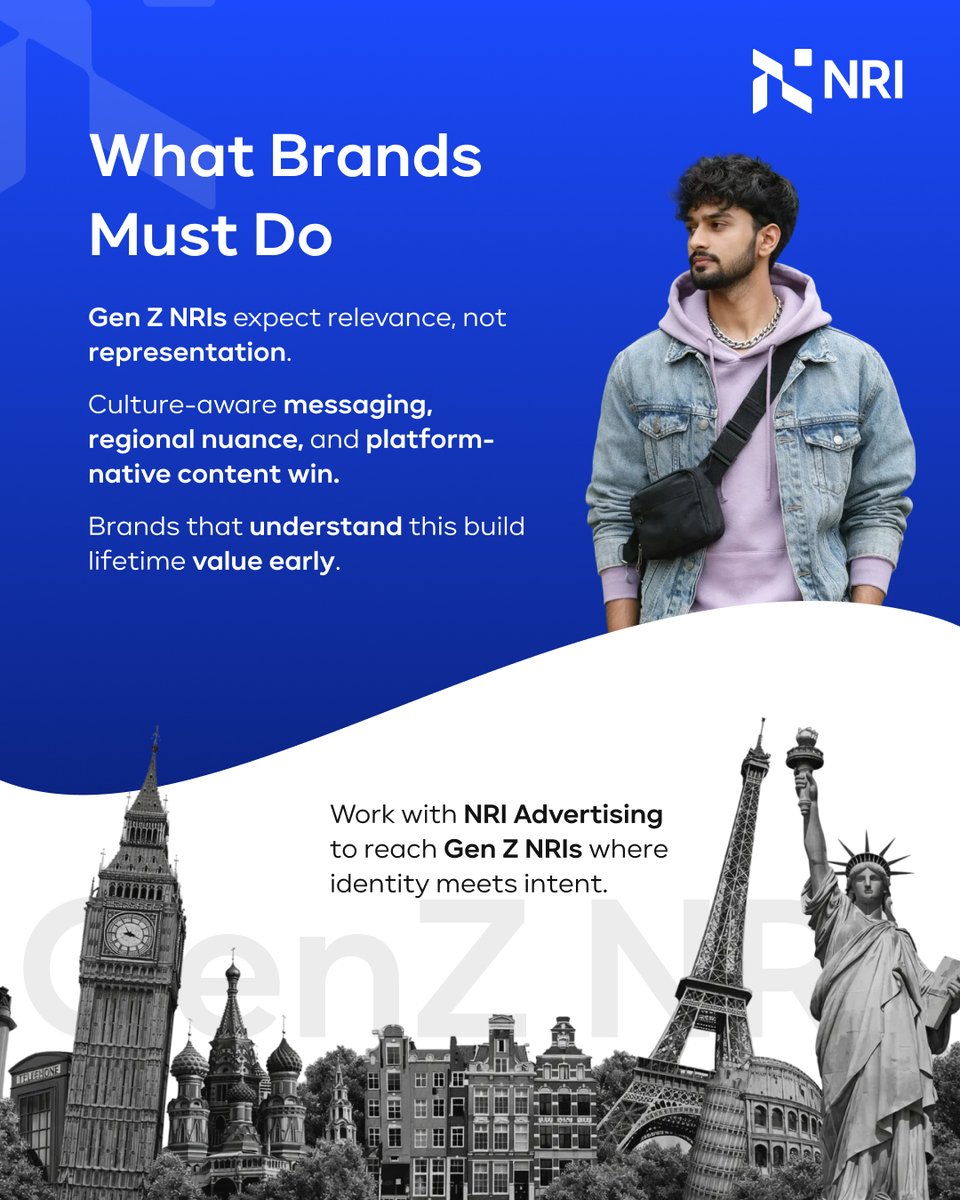 NRIAdvertising's tweet photo. Gen Z NRIs don’t live between cultures. They live across them. Brands that get this early win long.

#nrimarketing #genznris #diasporaidentity #globalindians #youthconsumers #cultureled #mobilefirst #brandrelevance #diasporainsights https://t.co/rZ5A9ZHlZq