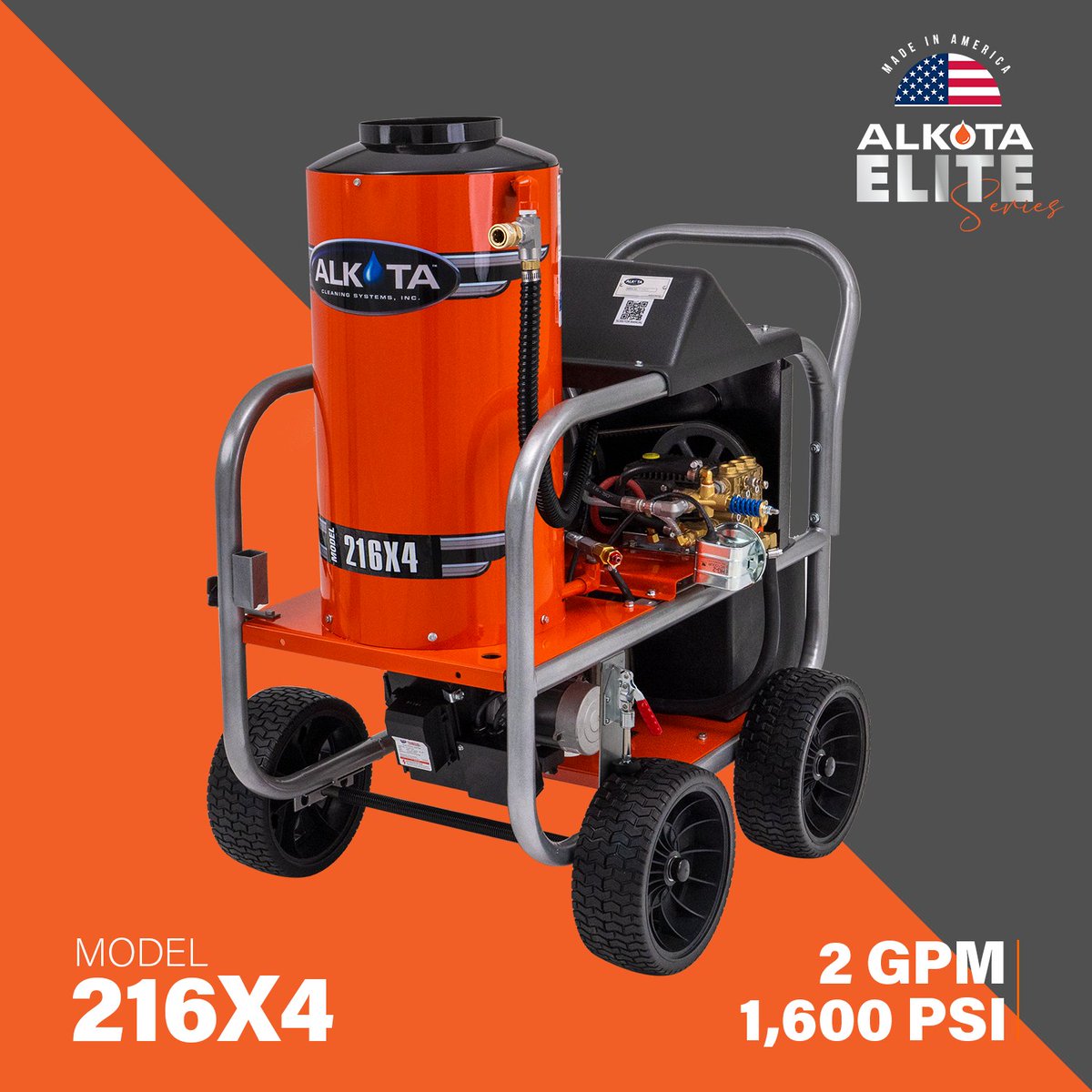 Alkota 216X4 – This portable hot water unit runs on 115V power for ultimate flexibility. With 2 GPM at 1,600 PSI, it’s built to clean tough messes with ease. Explore the 216X4 and the full ELITE lineup: alkota.cleaning/4k05QiF