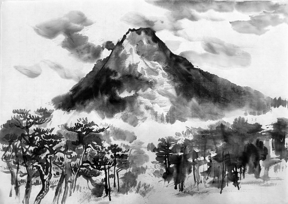 中国 ＃水墨画教室 ＃水墨画 水墨画のお手本。松竹梅と富士山。半紙