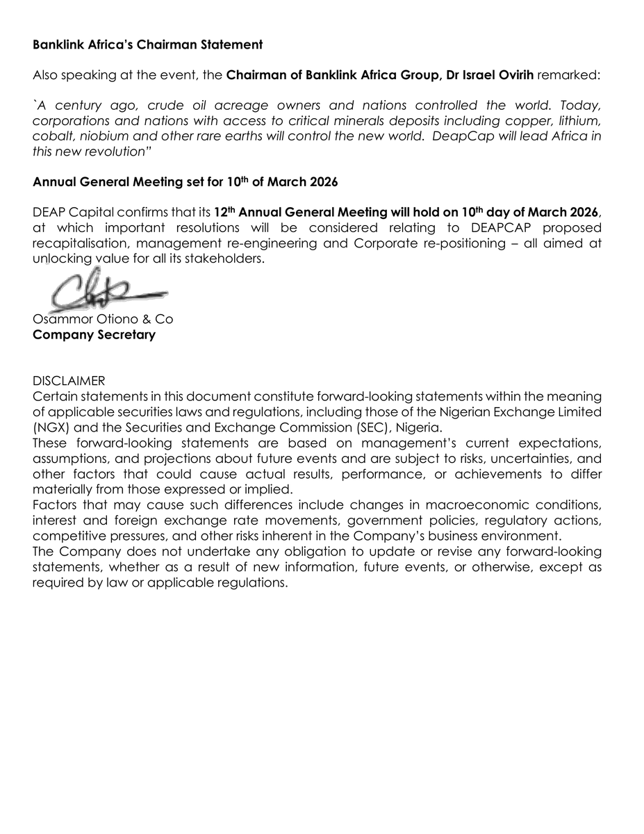 DEAP Capital Management &amp; Trust Plc has received a ₦1.0bn capital injection from Banklink Africa as the first tranche of a planned ₦6.0bn equity commitment, ahead of its 12th AGM on 10 March 2026 to consider recapitalisation and strategic repositioning.