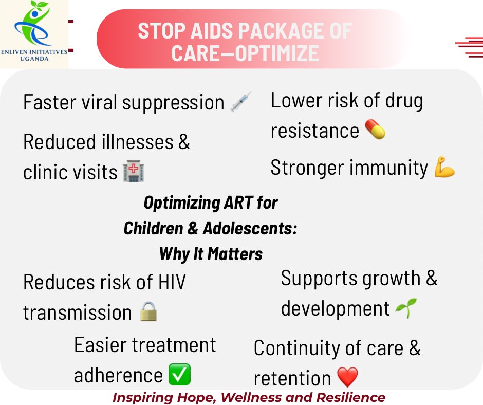 WellnessUganda's tweet photo. Every child and adolescent living with HIV deserves dignity and the highest standard of care. Optimizing ART is essential for viral suppression, leading to improved quality of life and long-term wellbeing. https://t.co/4ZE4VIvF1A