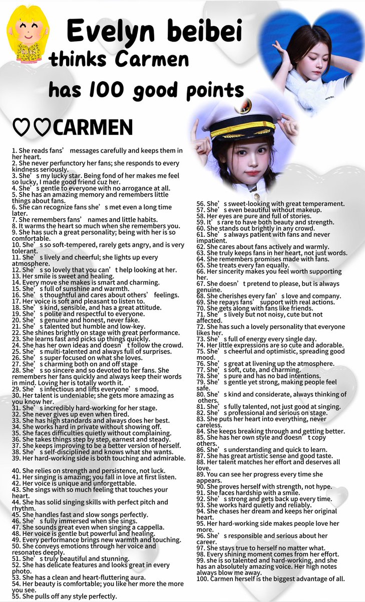 — "100 Poin Kebaikan Carmen" by Evelyn beibei 🫶🫂

#CARMEN #카르멘 #Hearts2Hearts

1. ​Dia membaca pesan penggemar dengan teliti dan menyimpannya di hati.
2. ​Dia tidak pernah asal-asalan terhadap penggemar; dia membalas setiap kebaikan dengan serius.
3. ​Dia adalah bintang