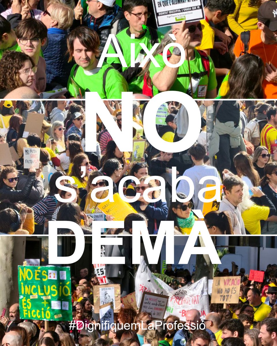 🔥La vaga guanya múscul! Més de 100.000 persones.
💪
La setmana del 16 al 20 de març serem de nou al carrer!💪

🗣️Hem avisat, hem negociat i ens hem mobilitzat.  Després d’un any i mig, no hi ha cap proposta.  

#DignifiquemLaProfessió
#VagaEducativa