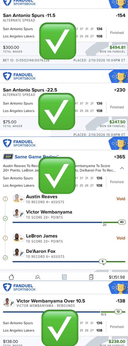 1Propgod's tweet image. With only 4 games on we found the spots 💰

Wemby ✅
Water down mega ✅
Spurs spread ✅
Spurs Alt +235 ✅
Reaves voided 

Money to made tonight .. 14 game slate 🤤🤤🤤