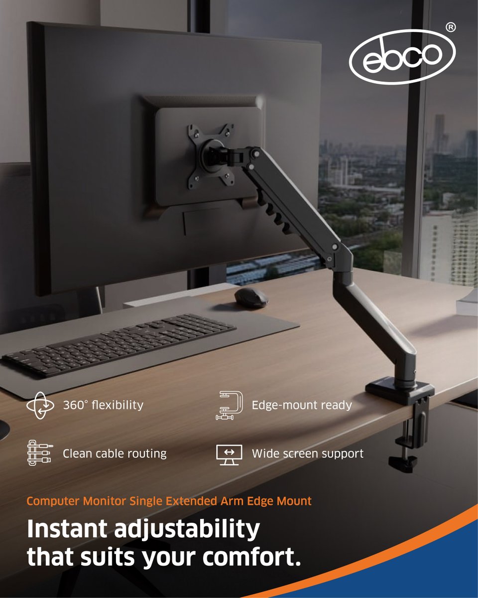 ebcohardware's tweet image. Get flexible viewing with Ebco's Single Extended Arm Edge Mount! 360° rotation, wide tilt, and swivel for a clean, organized workspace.

#Ebco #WorkSmart #OfficeEssentials #SmartLiving #DeskSetup
