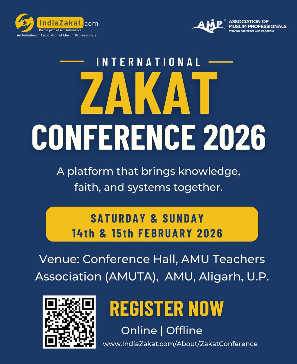 International Zakat Conference 2026 

14–15 Feb 2026 | AMU, Aligarh (UP)
A platform bringing knowledge &amp; systems together to discuss Zakat as an organised and impactful system.

🗓 Day 1: Physical + Online 
🗓 Day 2: Online Sessions

🔗 Register: us06web.zoom.us/webinar/regist…