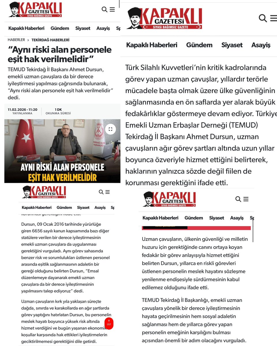 “Aynı riski alan personele eşit hak verilmelidir” başlıklı haberi yayımlayarak sesimize destek olan Kapaklı Gazetesi’ne, değerli Yazı İşleri Müdürü Sayın Berke Özen’e ve katkılarından dolayı Tekirdağ İl Başkanımız Sayın Ahmet Dursun’a, Uzman Çavuş camiamız ve TEMUD adına teşekkür