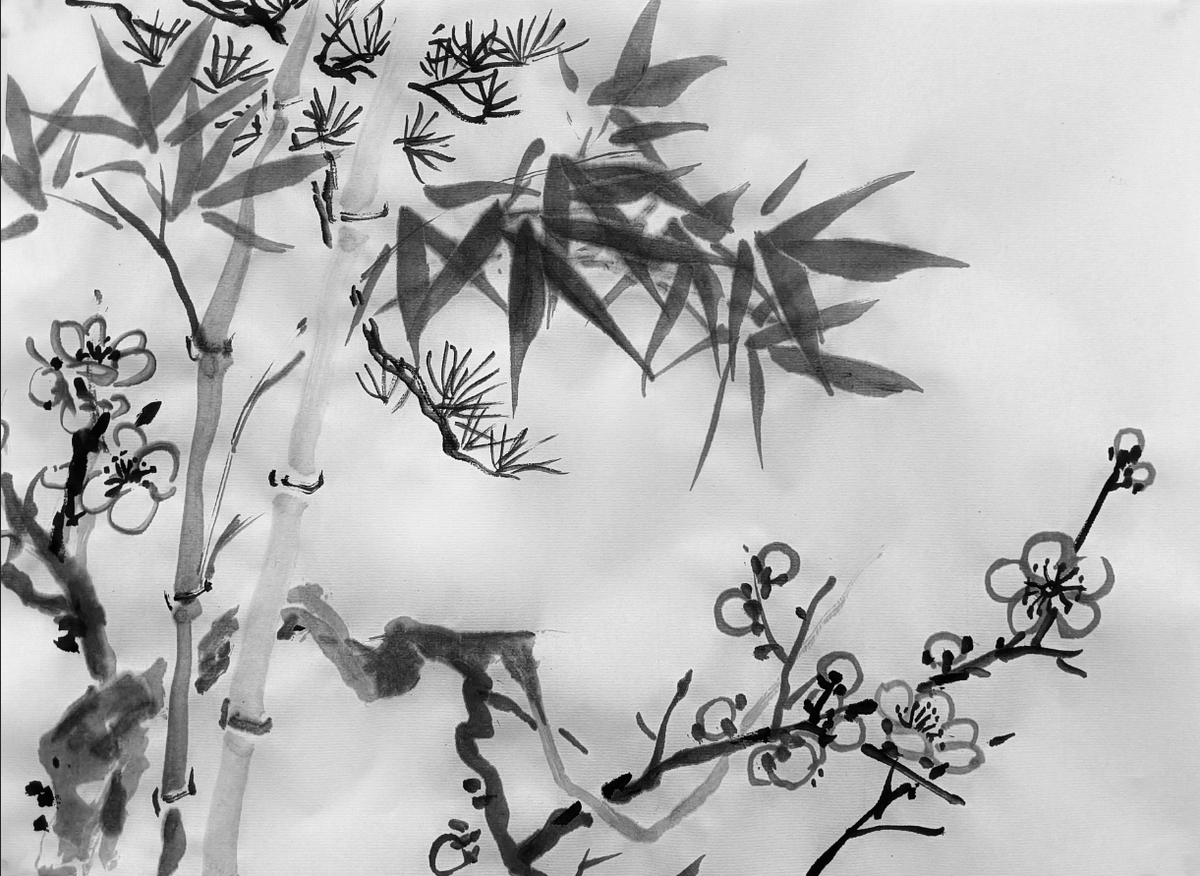 中国 ＃水墨画教室 ＃水墨画 水墨画のお手本。松竹梅と富士山。半紙