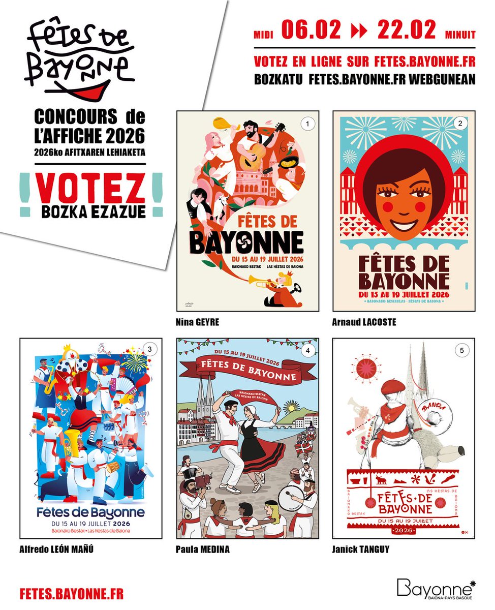 La <a href="/VilleDeBayonne/">VilleDeBayonne</a> a officiellement lancé la phase de vote du concours de l’affiche des <a href="/Fetes_Bayonne/">Fêtes de Bayonne</a> 2026. Cinq graphistes et illustrateurs ont été sélectionnés pour proposer leur vision des fêtes. Plus d'info 👉 petitesaffiches64.com/toutes-les-act…