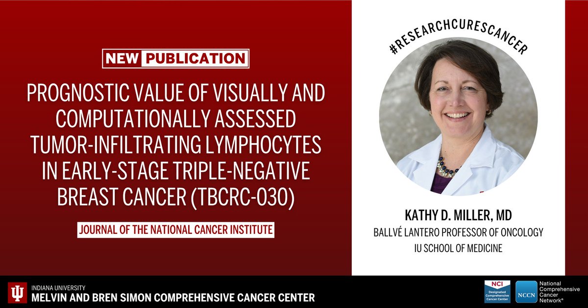 IUCancerCenter's tweet image. The cancer center’s Kathy D. Miller, MD, and colleagues share their latest findings in the Journal of the National Cancer Institute. Learn more: ow.ly/cvNW50XFLFQ. #ResearchCuresCancer #NCIcomprehensive @JNCI_Now