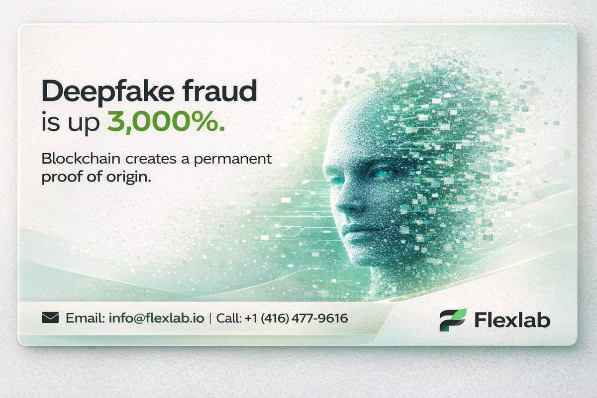 info_flexlab's tweet image. Deepfake fraud is up 3,000%. It’s becoming increasingly difficult to determine if a video or document is genuine
Blockchain solves this by providing a permanent Proof of Origin for digital content

It’s the only way to verify what’s human and what’s synthetic

#Flexlab