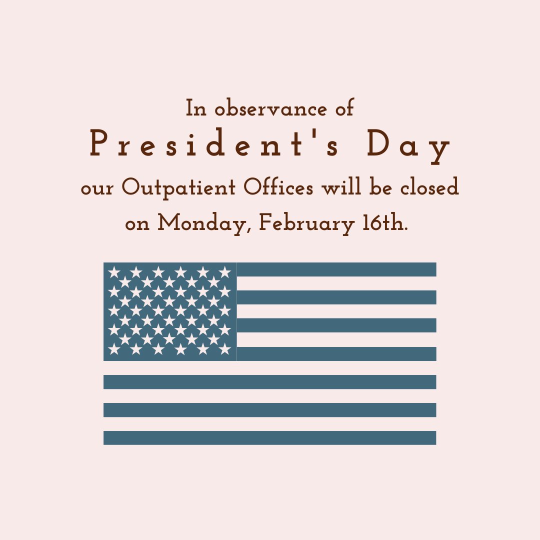 KeystoneYork's tweet image. In observance of President's Day, our outpatient offices will be closed on Monday, February 16th. Our inpatient facility will remain open. In case of emergency, contact them at (803)324-0404.

#PresidentsDay #KeystoneYork