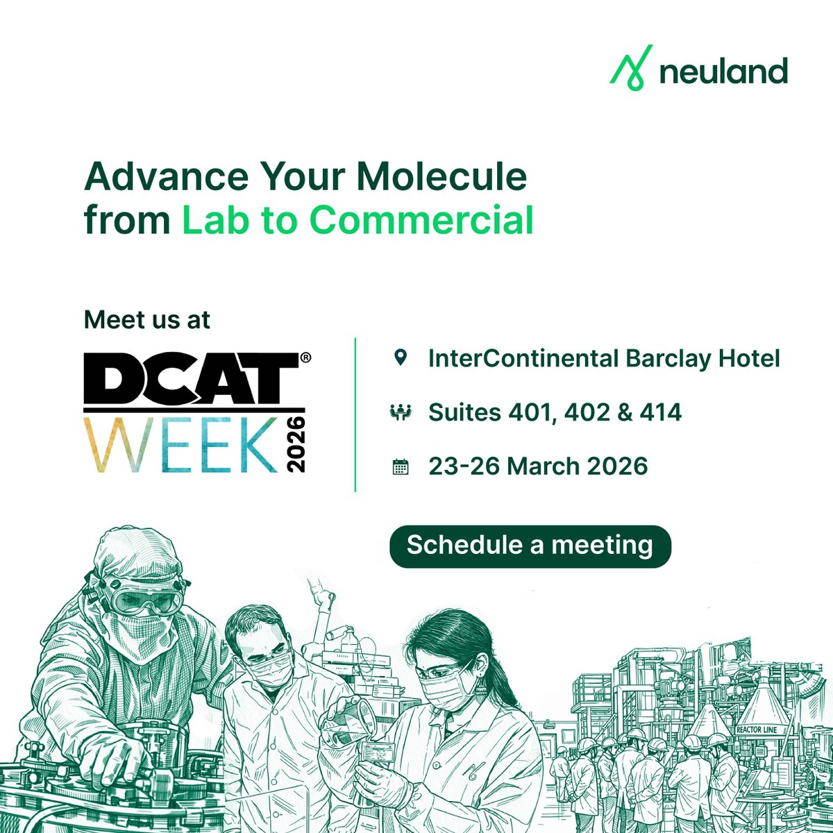NeulandLabs's tweet image. Neuland is ready for DCAT Week 2026! Book a meeting with us: hubs.la/Q042rNtz0 We’re looking forward to connecting and understanding your program needs to help your molecule move smoothly from development to commercial scale.

#NeulandLabs #CDMO #DCATWeek #Pharma