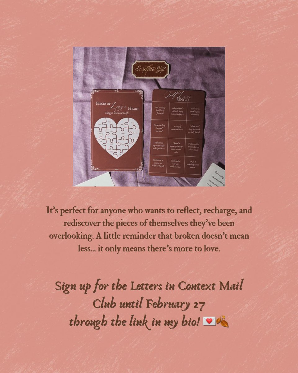 contextualiez's tweet photo. This month’s surprise gift: Self-Love Bingo + Personalized Pieces of the Heart Card 🤎🎁

If you’d love personalized stationery like this (along with letters, art prints, and stickers), sign up for the Letters in Context Mail Club today until February 27. Link in my bio! 💌🍂 https://t.co/ATnwWlxUpi