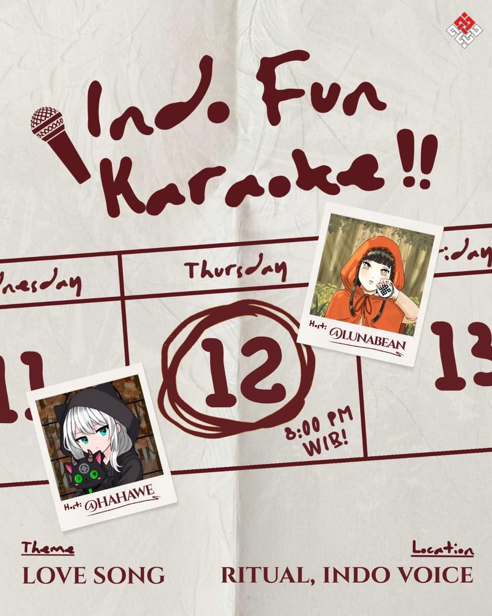 GRITUAL
Ritual Indonesia – Fun Karaoke Week 10

Tomorrow karaoke is extra special 💘
Hosted by 
<a href="/0xhahawe/">Hahawe (❖,❖)</a> &amp; me
Theme: Love Songs

Singer registration is open! DM us to join
Pick a love song, grab the mic, and let the feelings flow. See you in VC! 💋