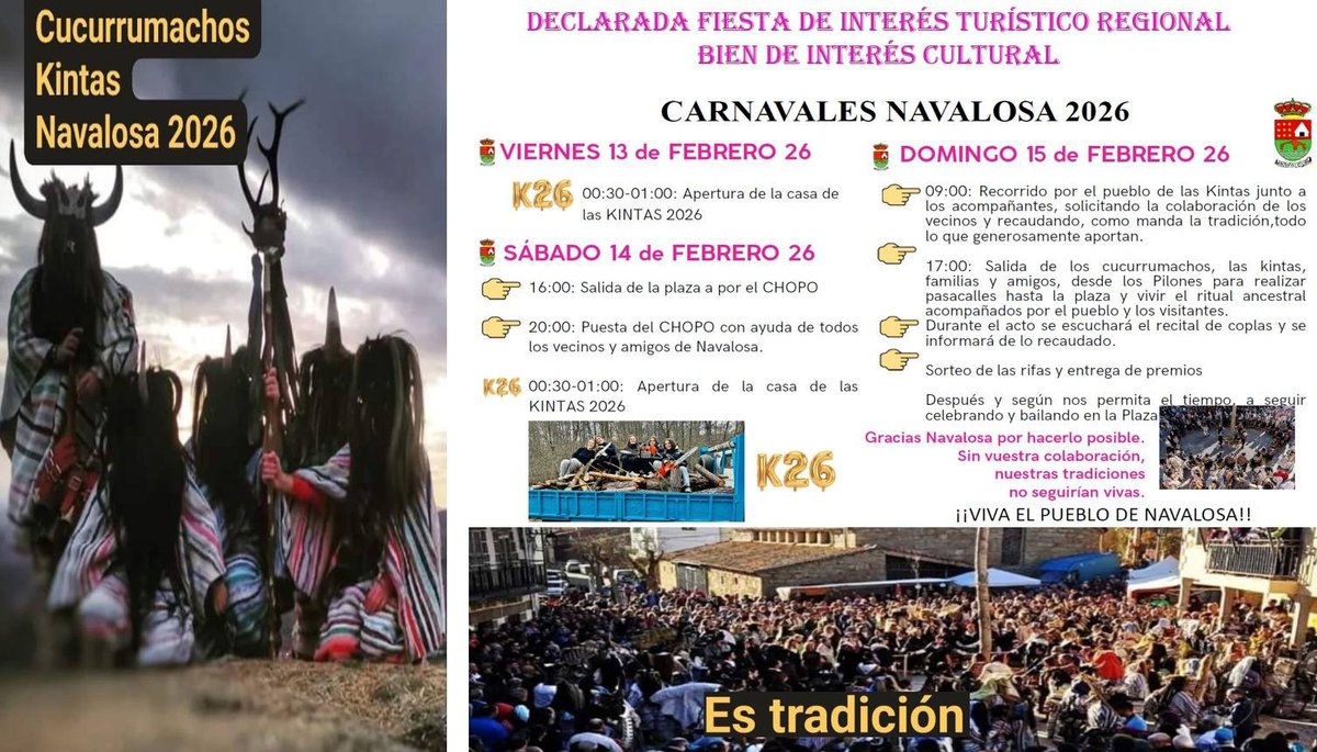 CyLEsVida's tweet photo. Carnavales Navalosa 2026
La fiesta de los cucurrumachos tiene lugar el Domingo Gordo, o Domingo de Carnaval.
https://t.co/iXBRau7PEK https://t.co/TgKzSPnqeH