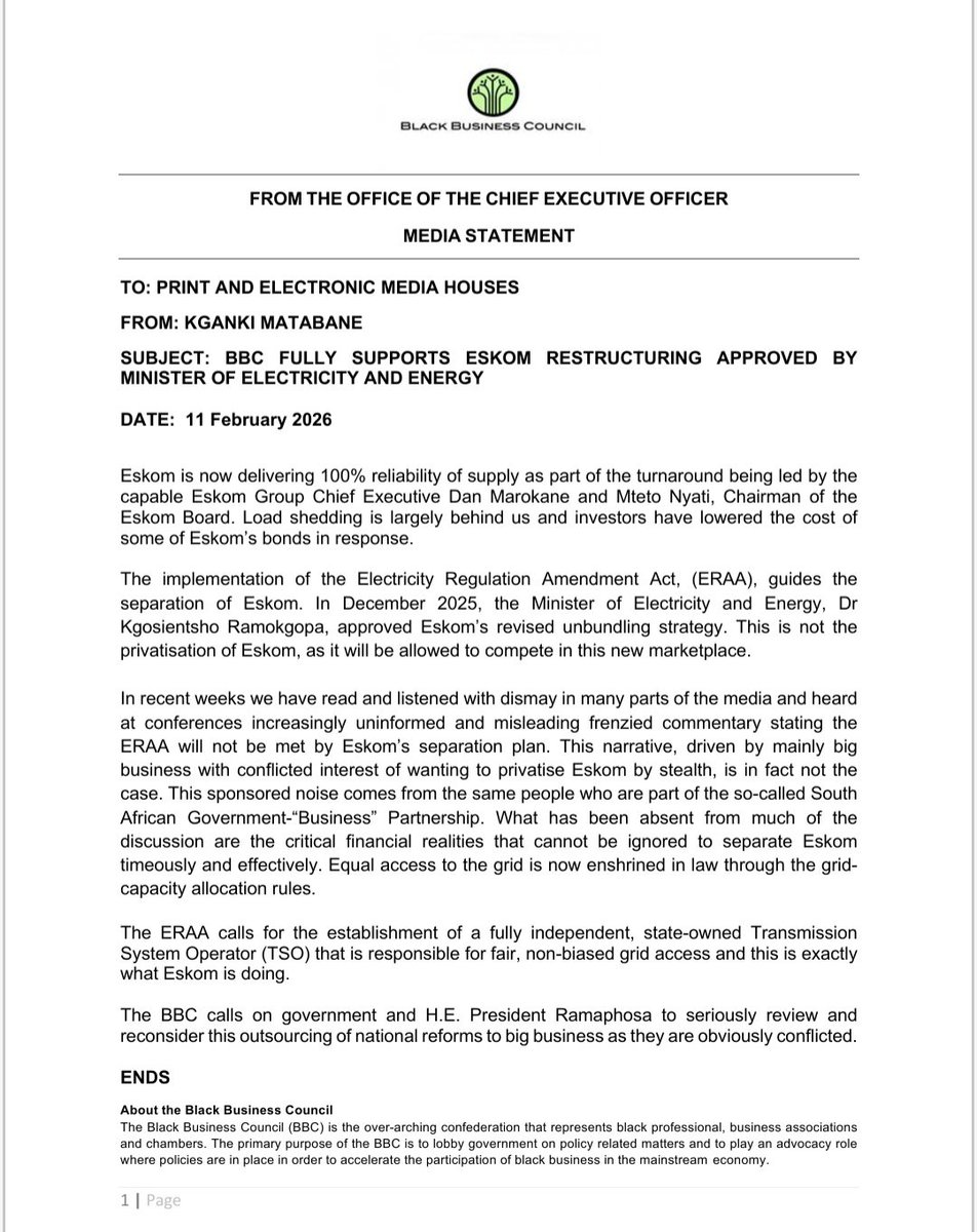 Media Statement: BBC Supports Eskom Restructuring Approved By Minister Of Electricity And Energy. 

Cc <a href="/Newzroom405/">Newzroom Afrika</a> <a href="/eNCA/">eNCA</a> <a href="/SABCNews/">SABC News</a> <a href="/Powerfm987/">POWER 98.7</a> <a href="/SAfmRadio/">SAfmRadio 📻</a>