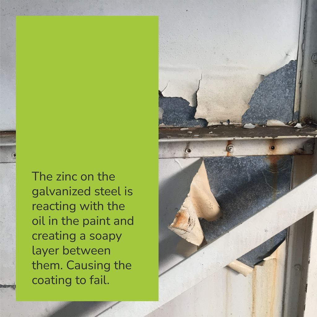 MakerCoatingUK's tweet photo. It's easy to assume galvanised steel is just another steel, this is a critical mistake. Painted galv will last years if done properly, if not it will fail fast (and quite dramatically as you can see).

#TechnicalCoatings #GalvanisedSteel #Saponification #Coatings #IndustrialPaint https://t.co/zD4u2OjDFy