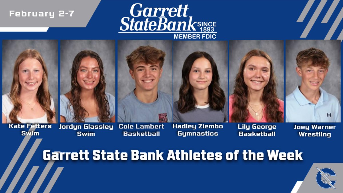 Congrats <a href="/GarrettStBank/">Garrett State Bank</a> Athletes of the Week!

Kate/Jordyn-Each won 4 Sect. events setting 4 Sect. records &amp; 3 school records
 
Cole-14 pts in win over Hunt. North

Hadley-Her highest All Around vs Elkhart

Lily-14 pts/9 boards/2 steals/1 asst vs Snider

Joey-106lb Regional Champ