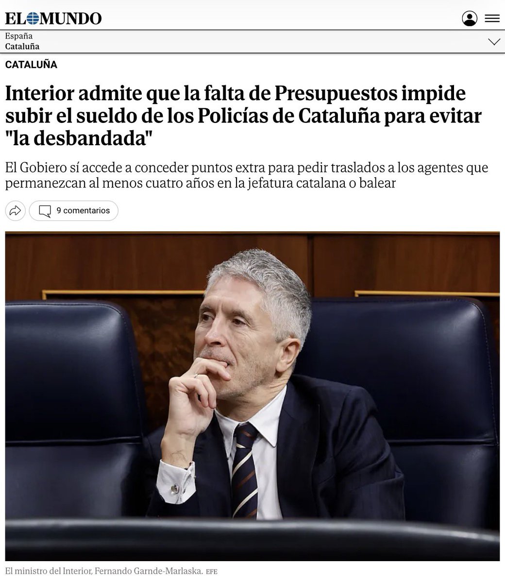 «Interior admite que la falta de Presupuestos impide subir el sueldo de los Policías de Cataluña para evitar "la desbandada"», vía <a href="/elmundoes/">EL MUNDO</a>

“El Gobierno sí accede a conceder puntos extra para pedir traslados a los agentes que permanezcan al menos cuatro años en la jefatura