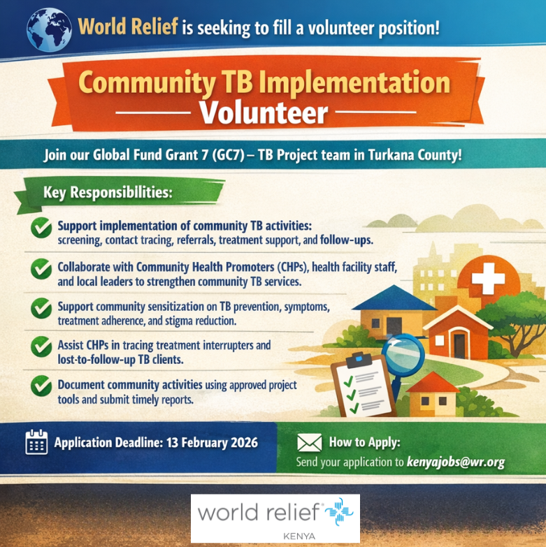 WorldReliefKE's tweet photo. 🌍 We’re seeking a Community TB Implementation Volunteer for our TB Project in Turkana!

Support TB screening, contact tracing, referrals, treatment adherence &amp; community awareness.

📅 Apply by 13 Feb 2026
📧 Send CV &amp; Cover Letter to kenyajobs@wr.org
#TBPrevention #TurkanaJobs https://t.co/xL3uPcQqGW