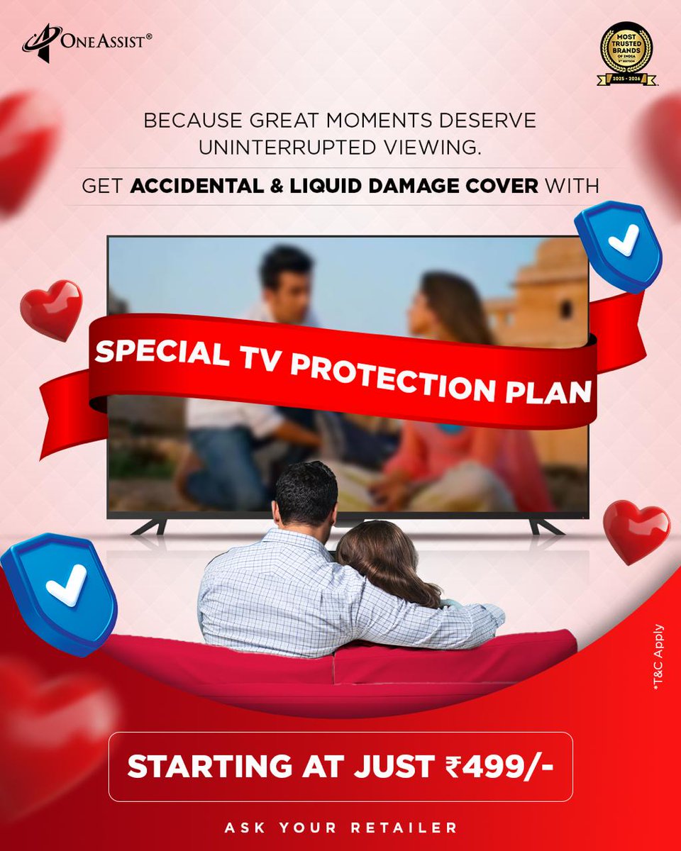 Great moments belong on screen, not in repair shops. Enjoy your favourite shows and uninterrupted entertainment without a worry - secure your TV with OneAssist Protection starting at just ₹499/-

#OneAssistProtection #WorryFreeViewing #TVScreenSafe #UninterruptedEntertainment