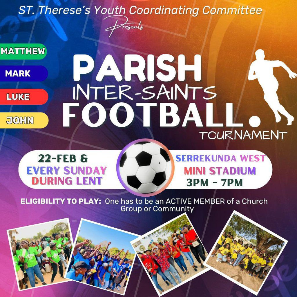 The inter-saints football tournament is back 🥰❤️
How ready are you ??⚽️⚽️⚽️🏟️
Get your teams ready 🫶🏾
Don’t miss this ☺️
This time at the serekunda West Mini Stadium 🥰🏟️

Anticipate lent with more vibrancy 

Who will win this time ?? 💚💙❤️💛

#YCC
#FootballTournament