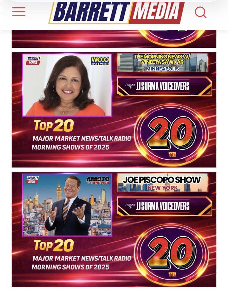 Weirdly not the first time I’ve put <a href="/vsawkar/">Vineeta Sawkar</a> and Joe Piscopo in the same sentence. 😂 congratulations to <a href="/TMNwithVineeta/">The Morning News With Vineeta Sawkar</a> and <a href="/JoePiscopoShow/">The Joe Piscopo Show</a> on tying - top 20 News/Talk morning shows in America via <a href="/Barrett_Media/">Barrett Media</a> !