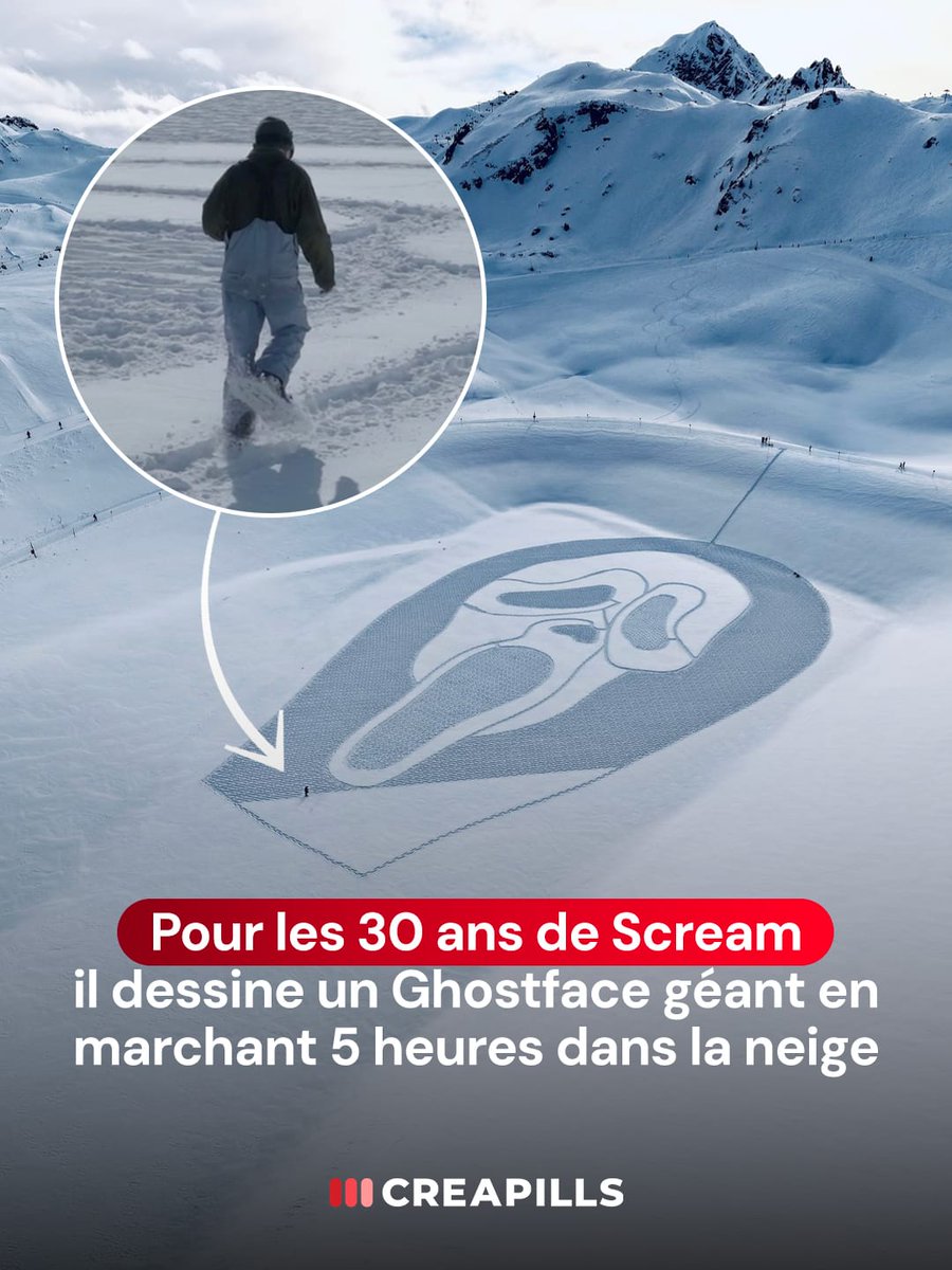 Pour célébrer les 30 ans de Scream et annoncer la sortie du 7e volet au cinéma le 25 février, l’artiste Simon Beck a dessiné un Ghostface géant après plus de 5 heures de marche dans la neige, à la station Arc 2000 en Savoie 😱

<a href="/paramountfr/">Paramount Pictures France</a>