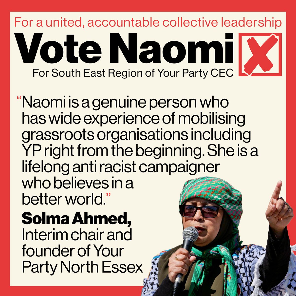 Hugely grateful for this endorsement from <a href="/solma_ahmed/">Solma Ahmed #betterworld🇵🇸</a> , a tireless campaigner for equality and justice. She is also standing for the CEC, in East of England. It would be a privilege to work with her, collaborating with others to build a party led from the grassroots, a movement