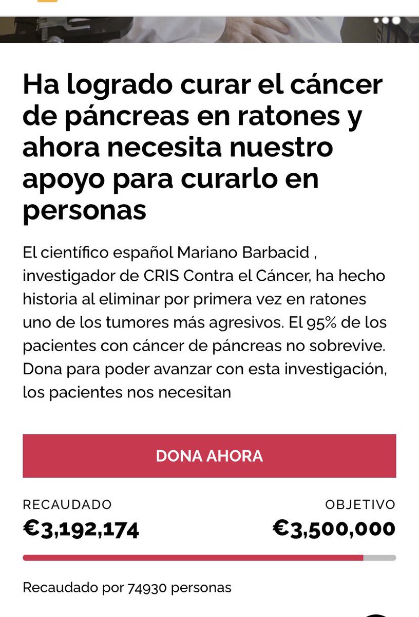🚨: Dr. Barbacid is on the verge of securing the 3.5 million euros he needs for the fight against pancreatic cancer in humans.
