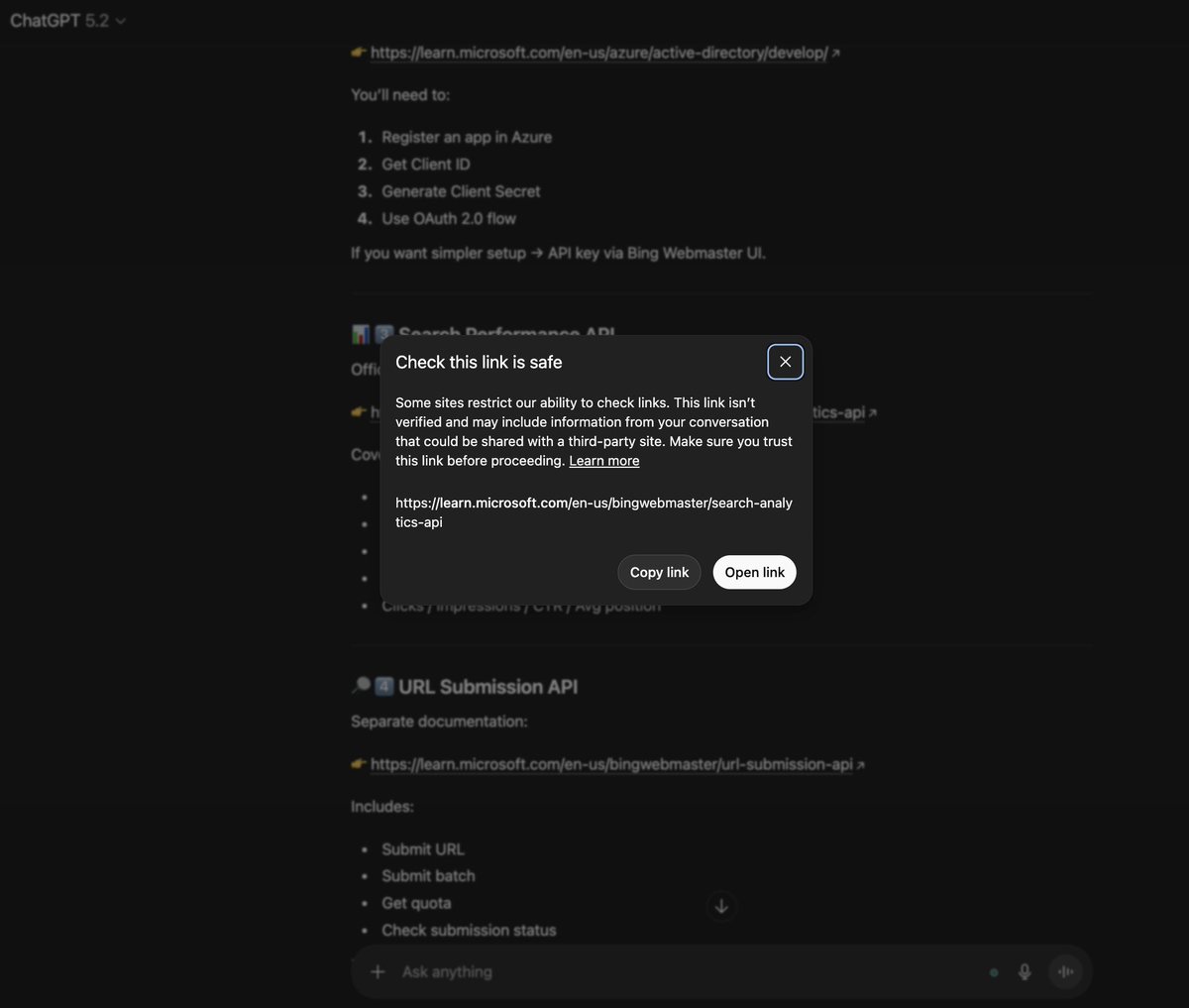 It looks like this isn't true love, just a romance, between OpenAI &amp; Microsoft.

ChatGPT reminds you to check whether the links to the Microsoft site are safe.

What's next? Will Microsoft block OpenAI bots from crawling its own sites at all?

P.S. For context, I asked for an API