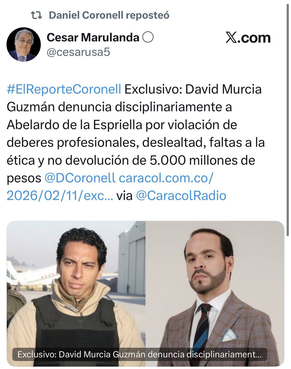 PizarroMariaJo's tweet photo. Abelardo De La Espriella, al descubierto: violación de deberes profesionales, deslealtad, faltas éticas y 5.000 millones de pesos no devueltos. Lo revela @DCoronell. Y @CeciliaOrozcoT devela que 2 de cada 3 firmas que radicó en la Registraduría son falsas. Un fraude en toda regla.