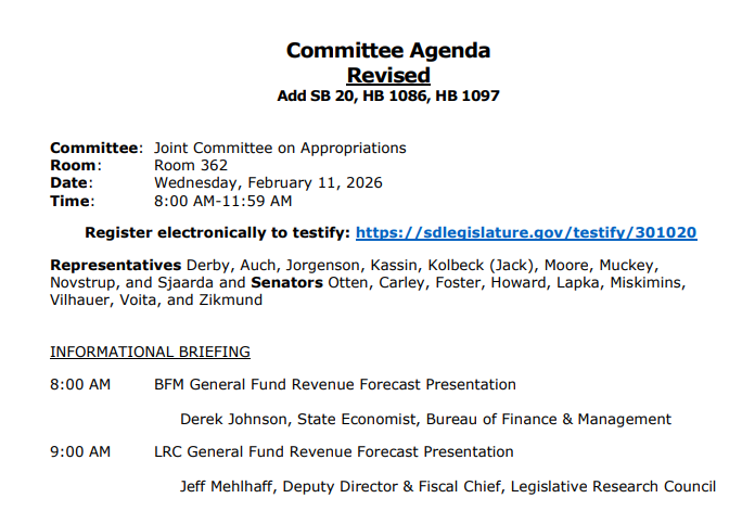 SDBFM's tweet photo. Today in the #SDleg JCA, it's Revenue Projection Forecast Presentation Day!

Our slides and revenue projection booklet can be found at:

https://t.co/ufpEd1CNKQ
https://t.co/vYQNRlyaaJ

#economics https://t.co/cUXu0lJJ5t