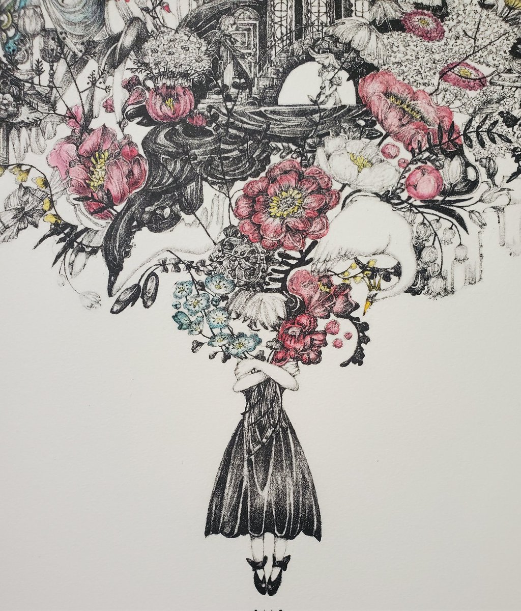 BOW355's tweet photo. 「HUG Ⅰ」

リトグラフ、紙、インク、透明水彩絵具

暖かい作品を描きたいなと思い「暖かい=包容、抱きつく」から男女がハグしてる描写を当初はイメージしてましたが、少し捻りたいなと思いハグしてる面影は残しつつも「想い」という感情の大きな花束を女の子が抱えてるイメージで制作しました。 https://t.co/mXC4jSPMlv