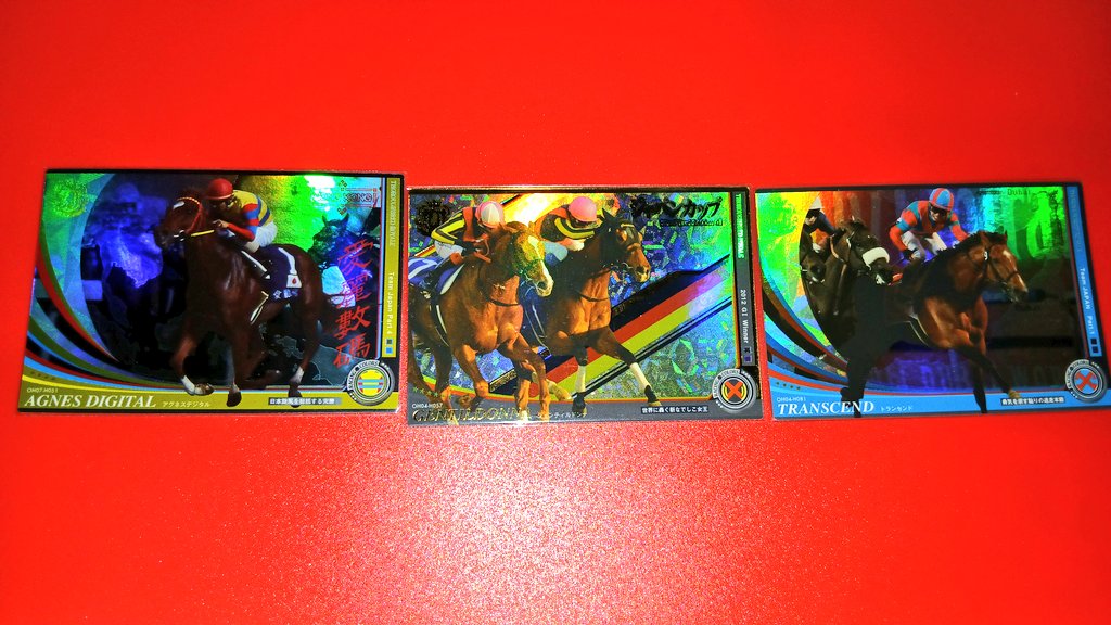 そこでですが、2/23のウマ娘浦和競馬場コラボ現地でちょっとしたクジを作って皆さんにダブってるカードをプレゼントしようと思います。

10袋のうち3袋に当たりとして以下のカードを封入します。

ジェンティルドンナ
アグネスデジタル
トランセンド

ハズレ袋もウマ娘化した馬のノーマル入れます。