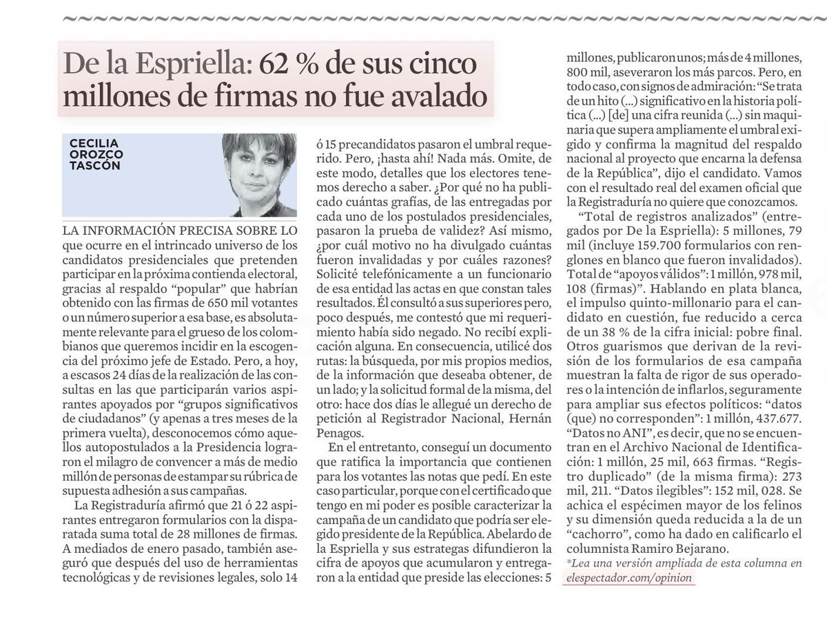 #BaiaBaia 🤔 Muy interesante la reciente columna de <a href="/CeciliaOrozcoT/">CeciliaOrozcoTascón</a>. 

Cinco millones de firmas del Tigrillo anunciadas con bombos y platillos… y el 62% terminó en la caneca de la Registraduría.

Duplicadas, inexistentes, ilegibles.

La campaña de Abelardo anunció 5.079.000