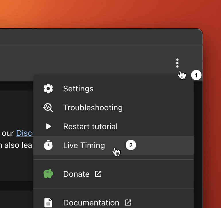 To open Live Timing:

1. Click the 3-dots icon in the top-right
2. Choose "Live Timing" from the menu

This works even for sessions where there's no stream selector!

After today's sessions, we'll post replay links over at our Discord: muvi.gg/discord