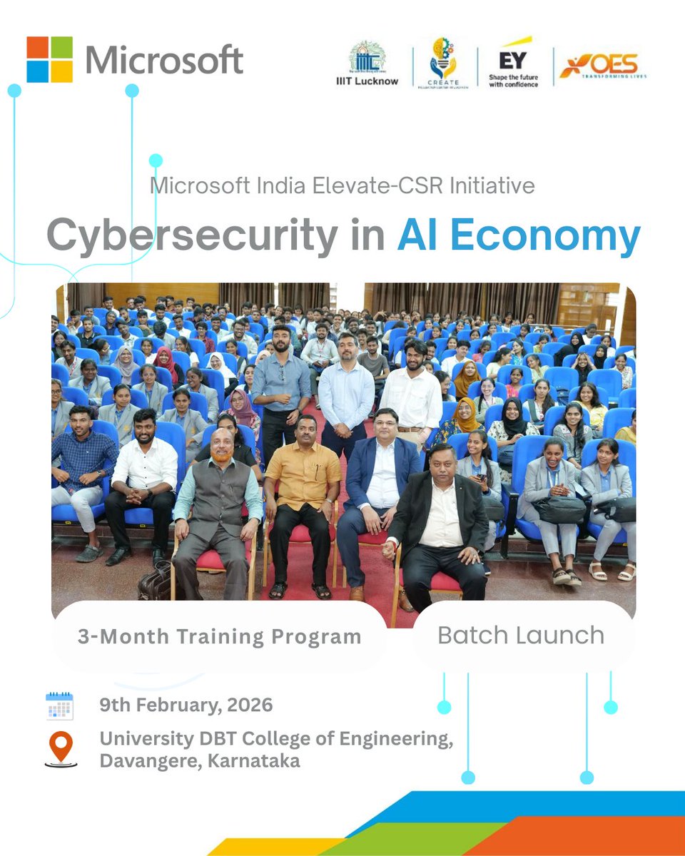 CS_inAI's tweet photo. Batch 1 of the 3-month "Cybersecurity in AI Economy" was launched on 9th Feb at the University DBT College of Engineering, Davanagere, Karnataka. This is a Microsoft India Elevate-CSR Initiative aimed at building future-ready security professionals for the #AI age.
#CyberSecurity https://t.co/zGxu6PqXQ7