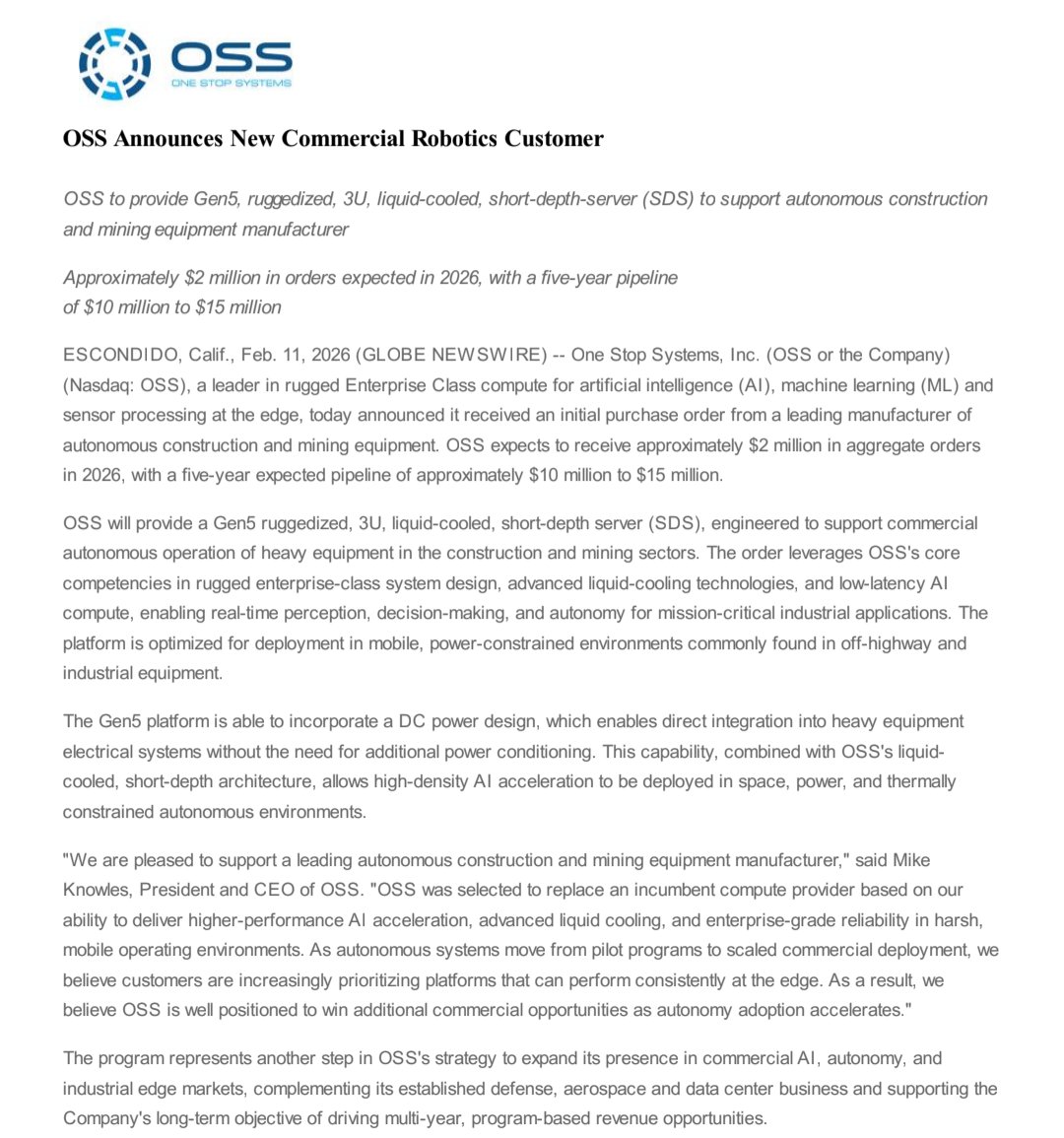 🚨 BREAKING NEWS 🚨

One Stop Systems $OSS lands a major commercial robotics deal with a leading autonomous construction and mining manufacturer! 🏗️⛏️

Key Highlights:

🔸The Deal: OSS to provide Gen5 ruggedized, liquid-cooled servers for heavy equipment.  
🔸Revenue: ~$2M in